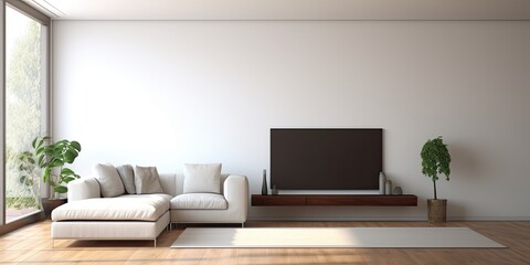 Contemporary minimalistic living room design, featuring white walls, door, TV, speakers, wooden floor, and sofa. Available apartment for lease.