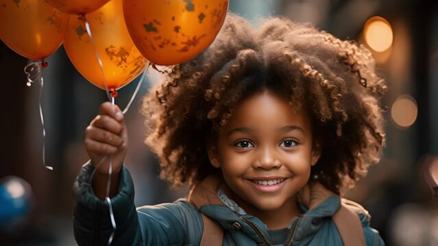 A young African girl holds a balloon in one hand the other fingertips pointing up her eyes ling with joy.