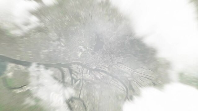 Earth zoom in from space to Hamburg, Germany. Followed by zoom out through clouds and atmosphere into space. Satellite view. Travel intro. Images from NASA