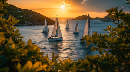 A sailing team, with distant islands as the background, during a team-building excursion