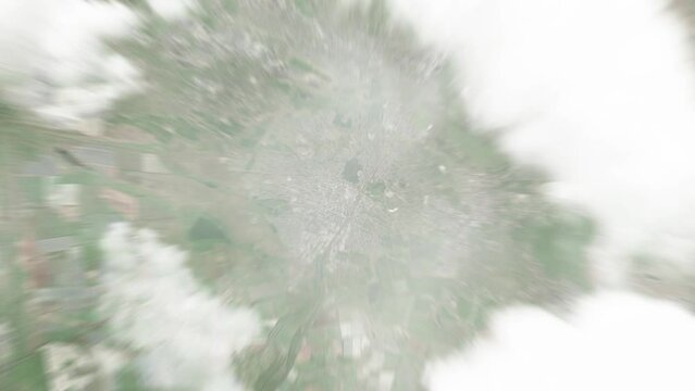 Earth zoom in from space to Horlivka, Ukraine. Followed by zoom out through clouds and atmosphere into space. Satellite view. Travel intro. Images from NASA