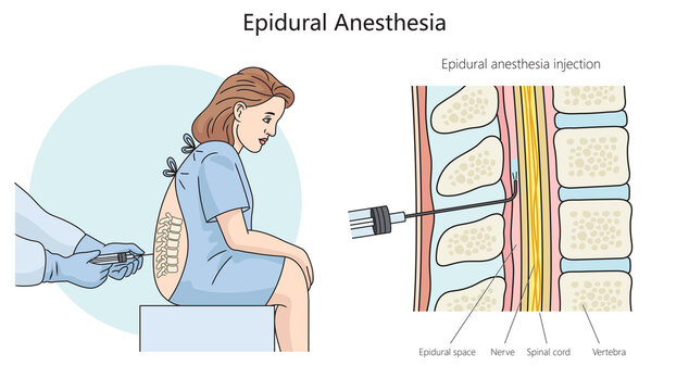 epidural anesthesia diagram hand drawn schematic raster illustration. Medical science educational illustration