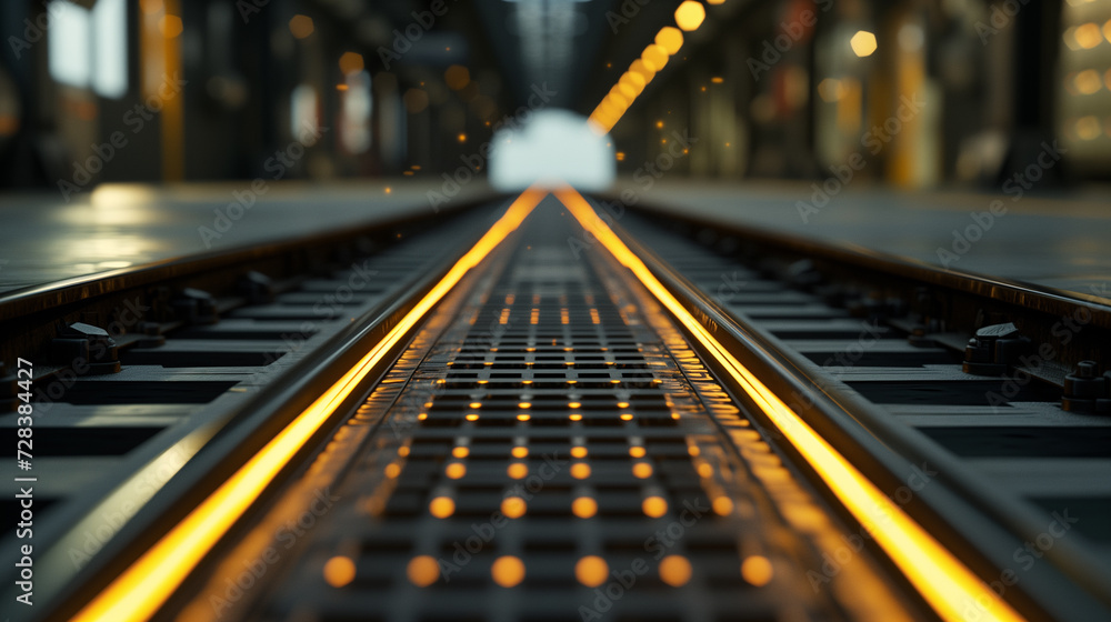Poster 3d rendering of a railway track in an underground station with lights