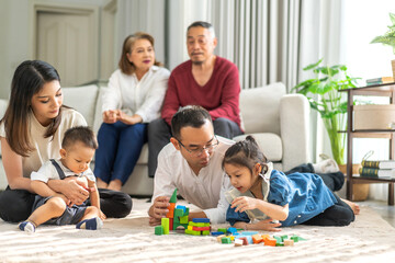 Portrait of enjoy happy love asian family father and mother with little asian girl smiling activity...