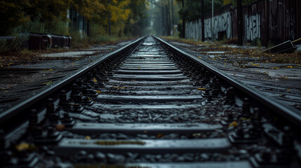 Fototapeta premium Railway tracks on the background of the autumn forest. View from above.