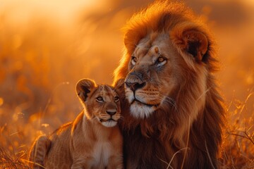 Naklejka premium Golden Lion and Baby A Pride Moment Generative AI