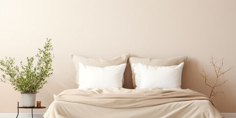 Minimal bedroom with beige, white, and cream linen pillow cushions.
