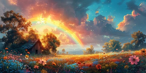 Obraz na płótnie Canvas Rainbow Sunset in a Field of Flowers Generative AI