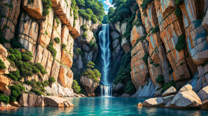 Breathtaking cascading waterfall cove in a idyllic tropical island paradise with crystal clear blue water pool - high fractured rock cliff walls with warm midday sunlight. - obrazy, fototapety, plakaty