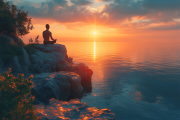 Experience serenity with a man meditating in nature—a high-quality, ultra-HD image capturing mindfulness in a tranquil, meticulously designed environment.