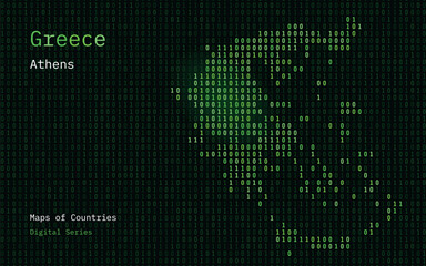 Greece Map Shown in Binary Code Pattern. TSMC. Blue Matrix numbers, zero, one. World Countries Vector Maps. Digital Series