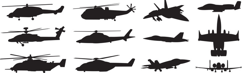 set of combat aircraft and helicopters silhouette vector