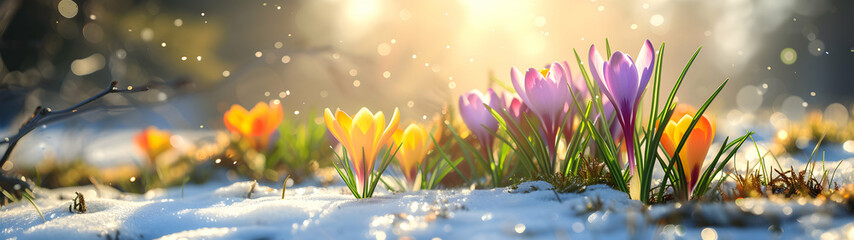 Colorful crocus flowers and grass growing from the melting sun, blue sky and sunshine in the background. Concept of spring coming and winter leaving.