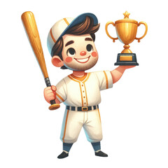 Watercolor cute baseball player holding a baseball bat and a gold trophy. Baseball competition. Baseball element clipart.