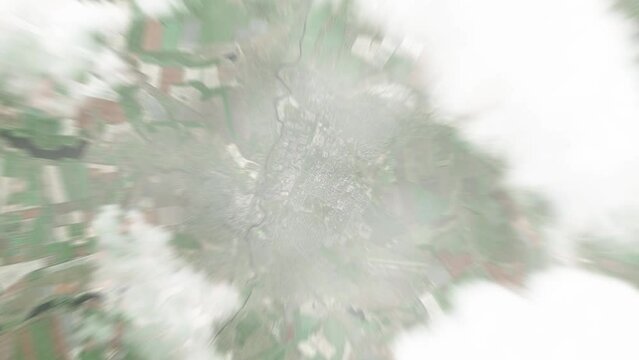 Earth zoom in from space to Kramatorsk, Ukraine. Followed by zoom out through clouds and atmosphere into space. Satellite view. Travel intro. Images from NASA