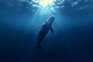 A whale swimming from the deep sea to the surface, under the underwater light rays of the sun