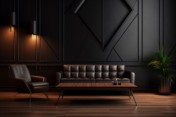 modern living room minimalist interior design with sofa and a chair in front of Matt black wall