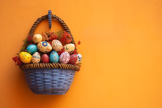 Easter eggs in a classic basket, ideal for festive, joyful designs.