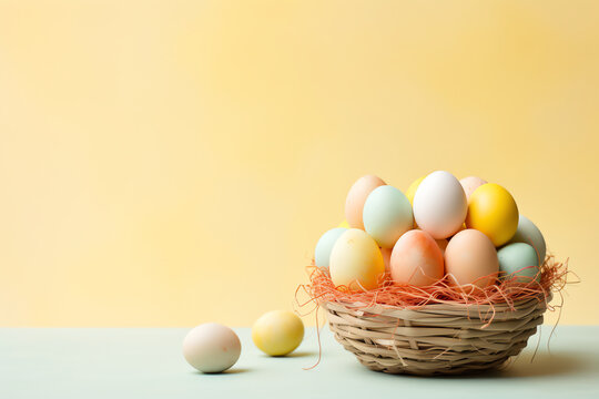 Easter eggs in a classic basket, ideal for festive, joyful designs.