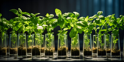 Young sample plant growing test tube comprehensive guide biotechnological research Cultivating young plants  test tubes dark background. - obrazy, fototapety, plakaty