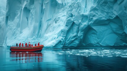A group of adventurous explorers navigate their boat through the crystal blue waters, surrounded by towering mountains and the icy remnants of a nearby glacier