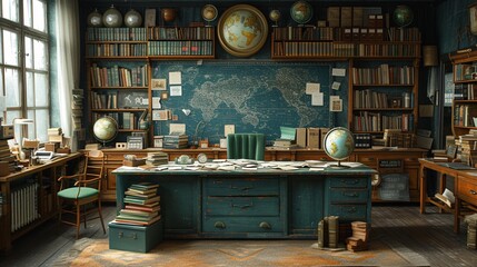 A World of Knowledge A Vintage Office with a Globe and Books Generative AI - obrazy, fototapety, plakaty
