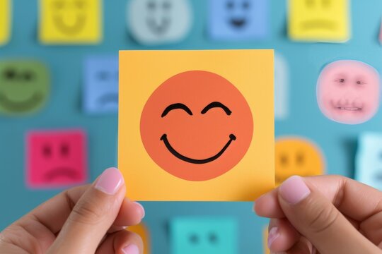 Happy Smiley Emoji handshake Emoticon, colored Symbol customer opinion. Smiling face support team. Joyfull brilliant big smile. act client rating and customer feedback