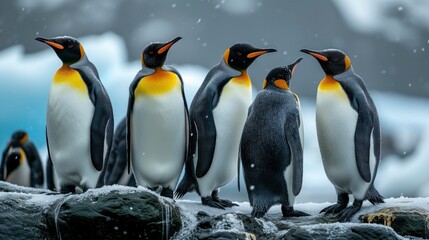 A majestic gathering of flightless adaalie, king, emperor, and gentoo penguins stand on snowy rocks, showcasing the beauty and resilience of these aquatic birds in their natural outdoor habitat