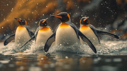 A majestic group of flightless aquatic birds, including king, adaalie, and emperor penguins, gracefully swim in the cool, clear waters of their outdoor home, showcasing the wonders of wildlife