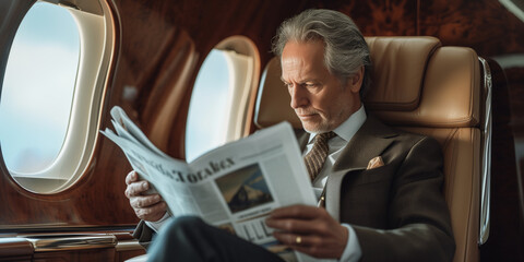 Man in an airplane reading newspaper