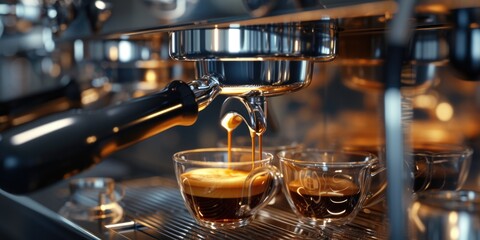 Espresso machine in action, brewing a cup of coffee. Perfect for coffee lovers and coffee shop themes