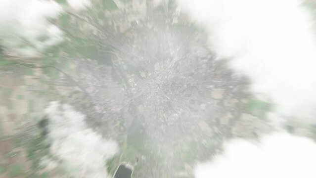 Earth zoom in from space to Leipzig, Germany. Followed by zoom out through clouds and atmosphere into space. Satellite view. Travel intro. Images from NASA