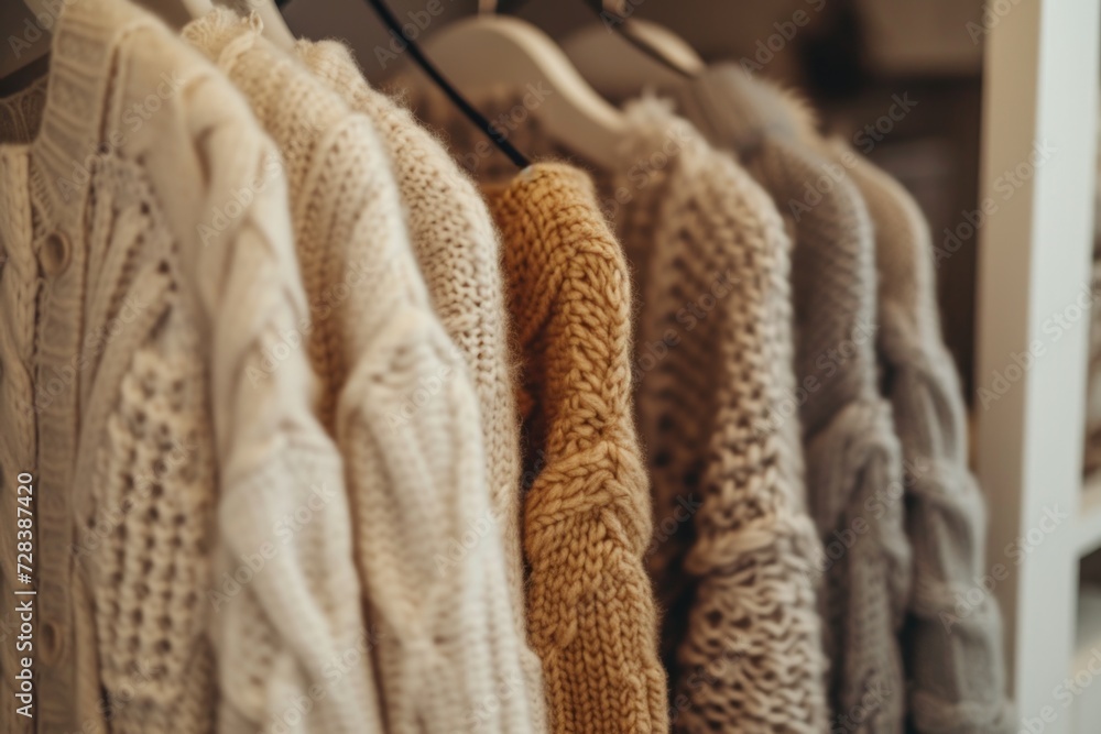 Poster a row of sweaters hanging on a rack. perfect for showcasing different styles and colors of sweaters.