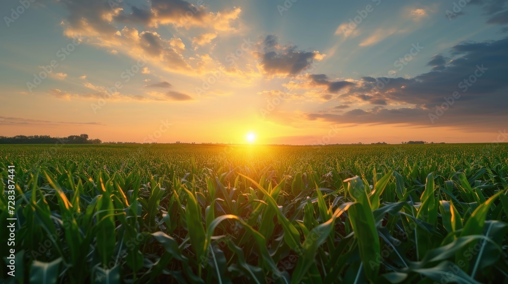 Canvas Prints A picturesque view of the sun setting over a vast corn field. Perfect for agricultural or nature-themed projects