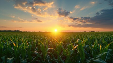 A picturesque view of the sun setting over a vast corn field. Perfect for agricultural or nature-themed projects