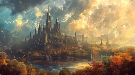 Photo sur Plexiglas Paysage fantastique Digital illustration of a landscape with a medieval fantasy castle