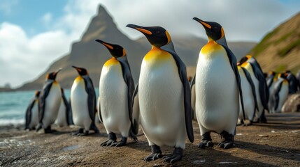 Fototapeta premium A majestic king penguin leads a diverse group of flightless birds, including the elegant emperor penguin and the curious gentoo penguin, as they stand proudly on a rocky beach, against a backdrop of 