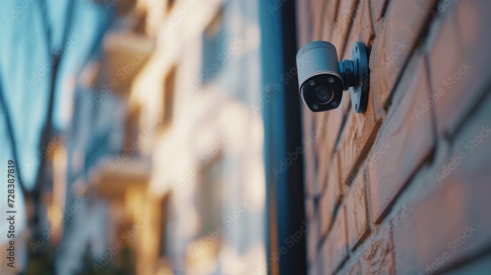 Poster a security camera mounted on the side of a building. can be used for surveillance purposes