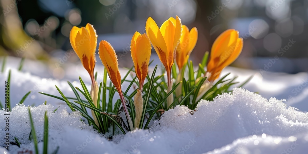 Poster yellow crocus flowers poking out of the snow. can be used to depict the arrival of spring or the res