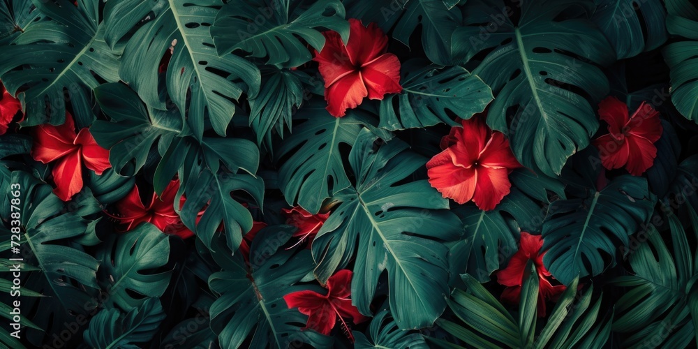 Poster A beautiful bunch of red flowers resting on vibrant green leaves. Perfect for adding a pop of color to any project or design