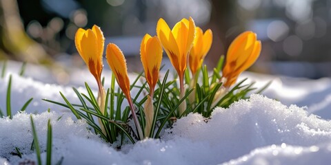 Yellow crocus flowers poking out of the snow. Can be used to depict the arrival of spring or the resilience of nature