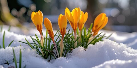 Yellow crocus flowers poking out of the snow. Can be used to depict the arrival of spring or the...