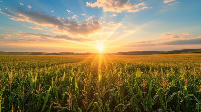 A beautiful sunset over a vast corn field. Perfect for agricultural or rural-themed projects