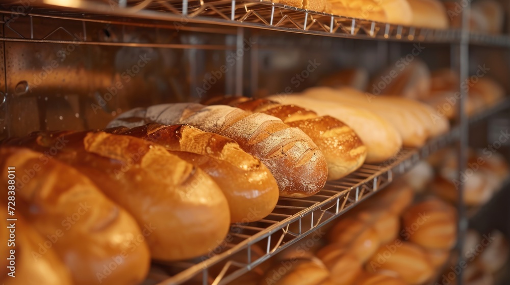 Poster a rack filled with a variety of breads in a bustling bakery. perfect for illustrating the art of bre