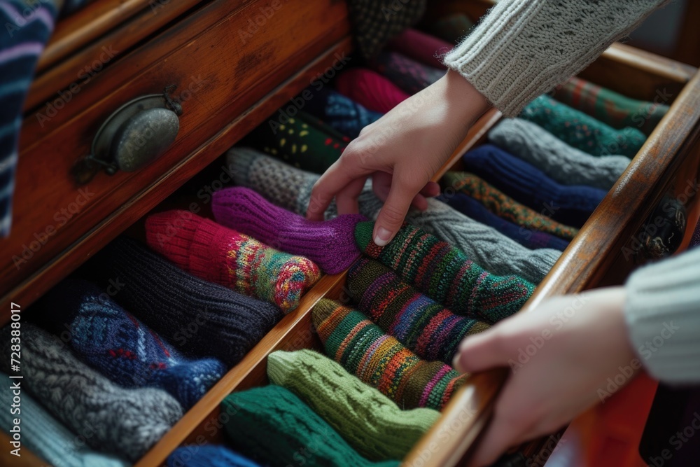 Aufkleber A drawer filled with a vibrant assortment of colorful socks. Perfect for adding a pop of color to any outfit.