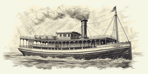 A drawing of a steam ship on the water. Can be used for historical illustrations or nautical-themed designs