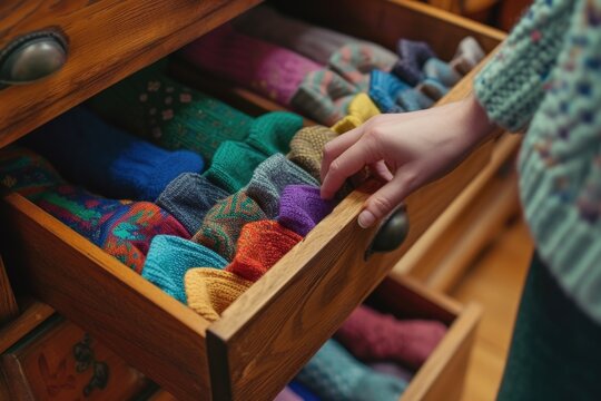 A person holding a drawer full of socks. This image can be used to illustrate organization, laundry, or clothing concepts