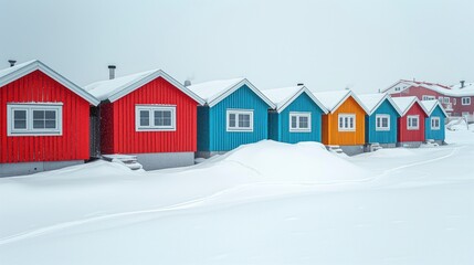 Against the stark winter landscape, a row of brightly painted homes stand bravely in the freezing cold, a vibrant burst of color amidst the icy white