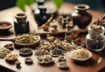 Naklejka premium Segreti Erboristici- Ingredienti di Medicina Tradizionale Cinese sulla Tavola