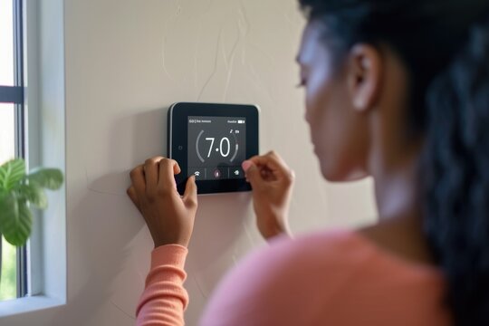 A woman is seen adjusting a thermostat on a wall. This image can be used to illustrate concepts related to home heating, energy efficiency, and climate control